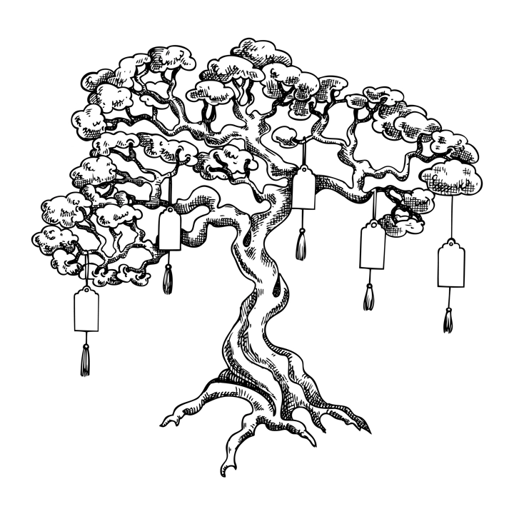Chinese wishing tree sketch. Lunar New Year 2025. Hand drawn vector illustration. NOT AI generated